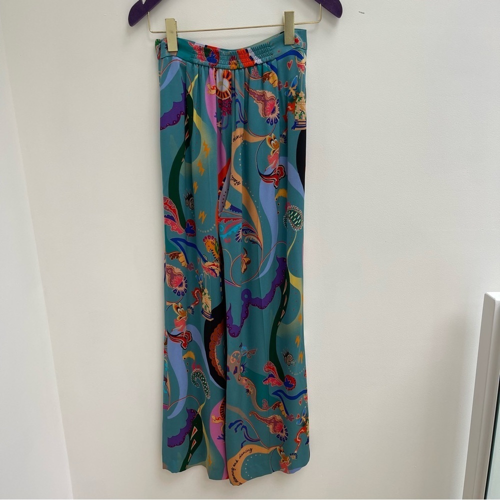 ETRO turquoise satin silk wide leg pants with colourful patterns size 38 XS - Picture 4 of 8